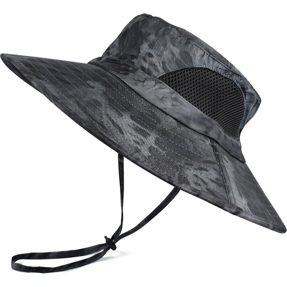 Unisex Grey Camo 100% Polyester Wide Brim Mesh Vents With Chin Strap Fishing Hat